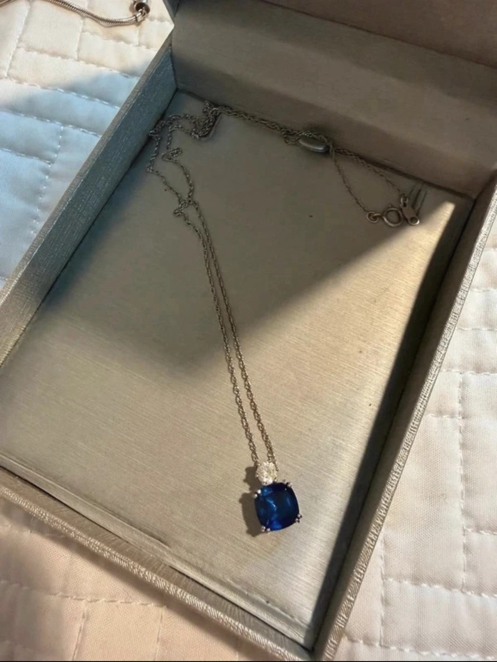 Silver Necklace with Deep Blue Saphire Pendant